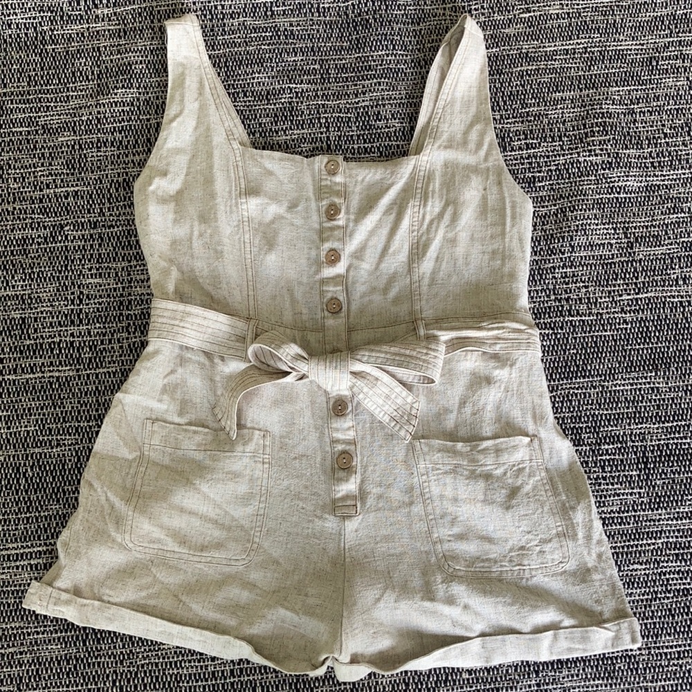 Tan linen Romper with waist tie